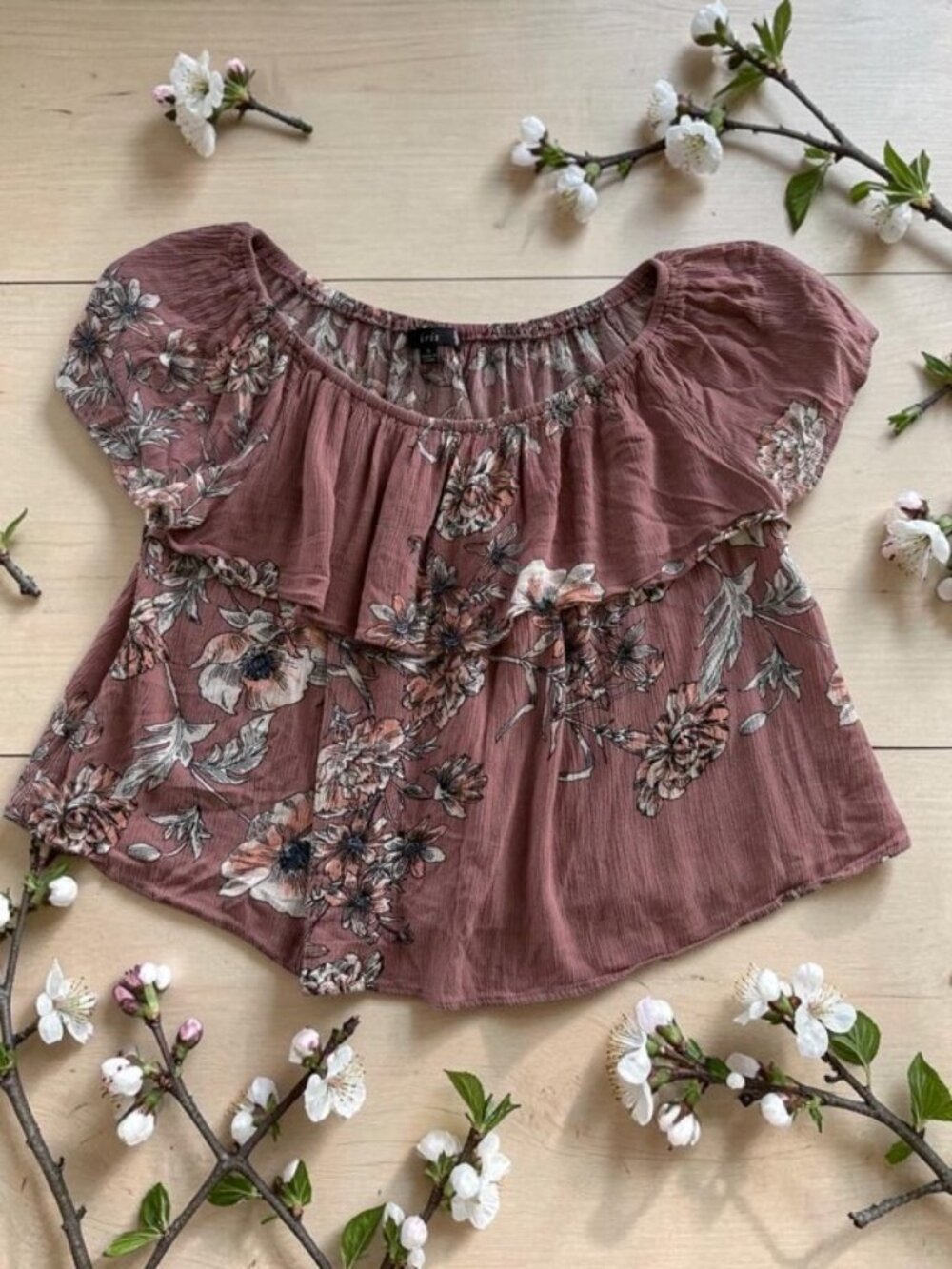 Iris Women's Off Shoulder Top S Dusty‎ Rose Floral Ruffle Cropped Boho Peasant